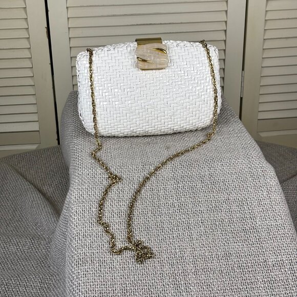 Vintage RODO Italy White Glazed Wicker Woven Evening Bag Clutch Leather Lined - Picture 2 of 8